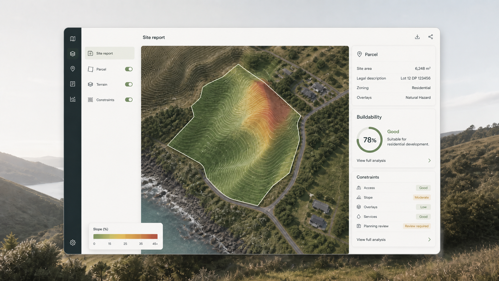 Site intelligence report showing parcel, terrain and source-backed property evidence.