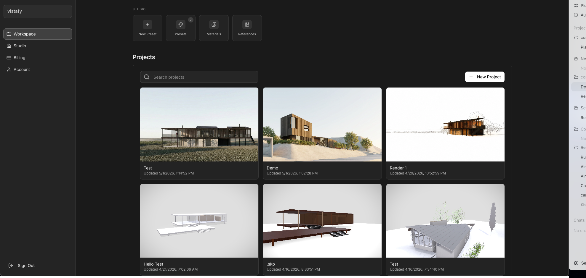 Vistafy project dashboard showing multiple architecture rendering projects in a dark workspace interface.