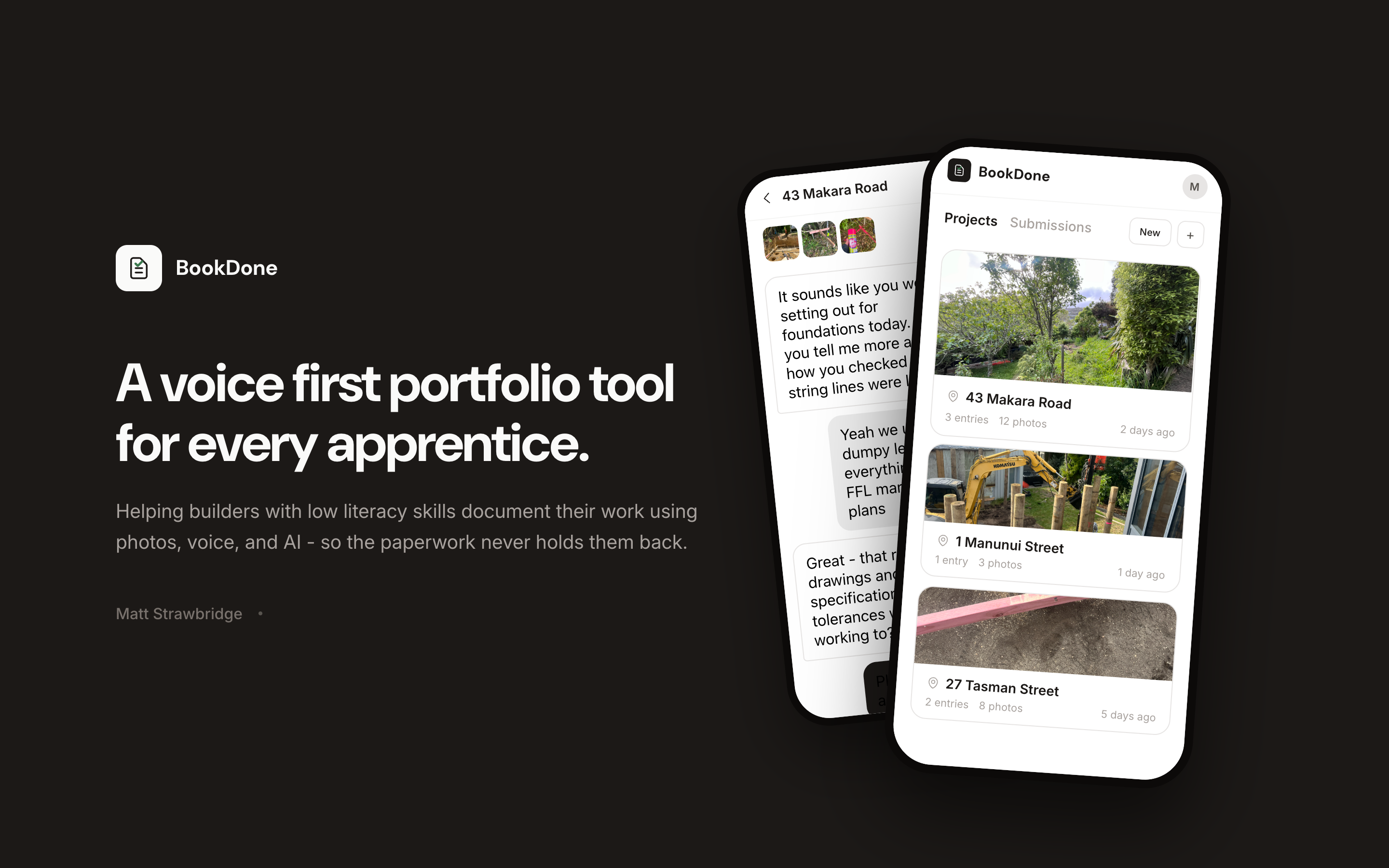 BookDone cover image showing mobile app screens and voice-first portfolio messaging.