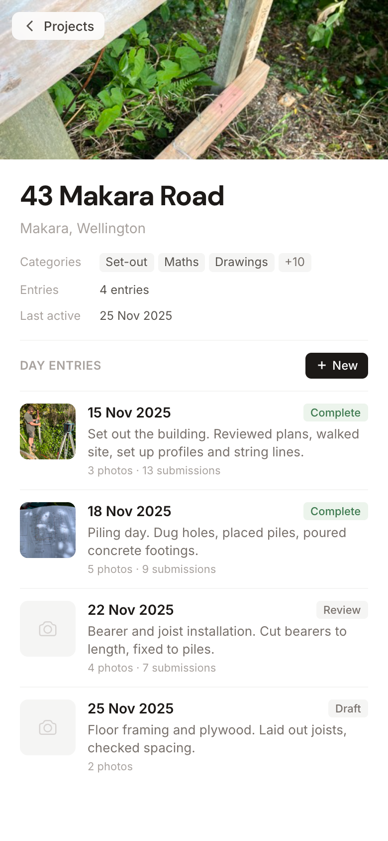 BookDone mobile project detail screen showing day entries for a job site.