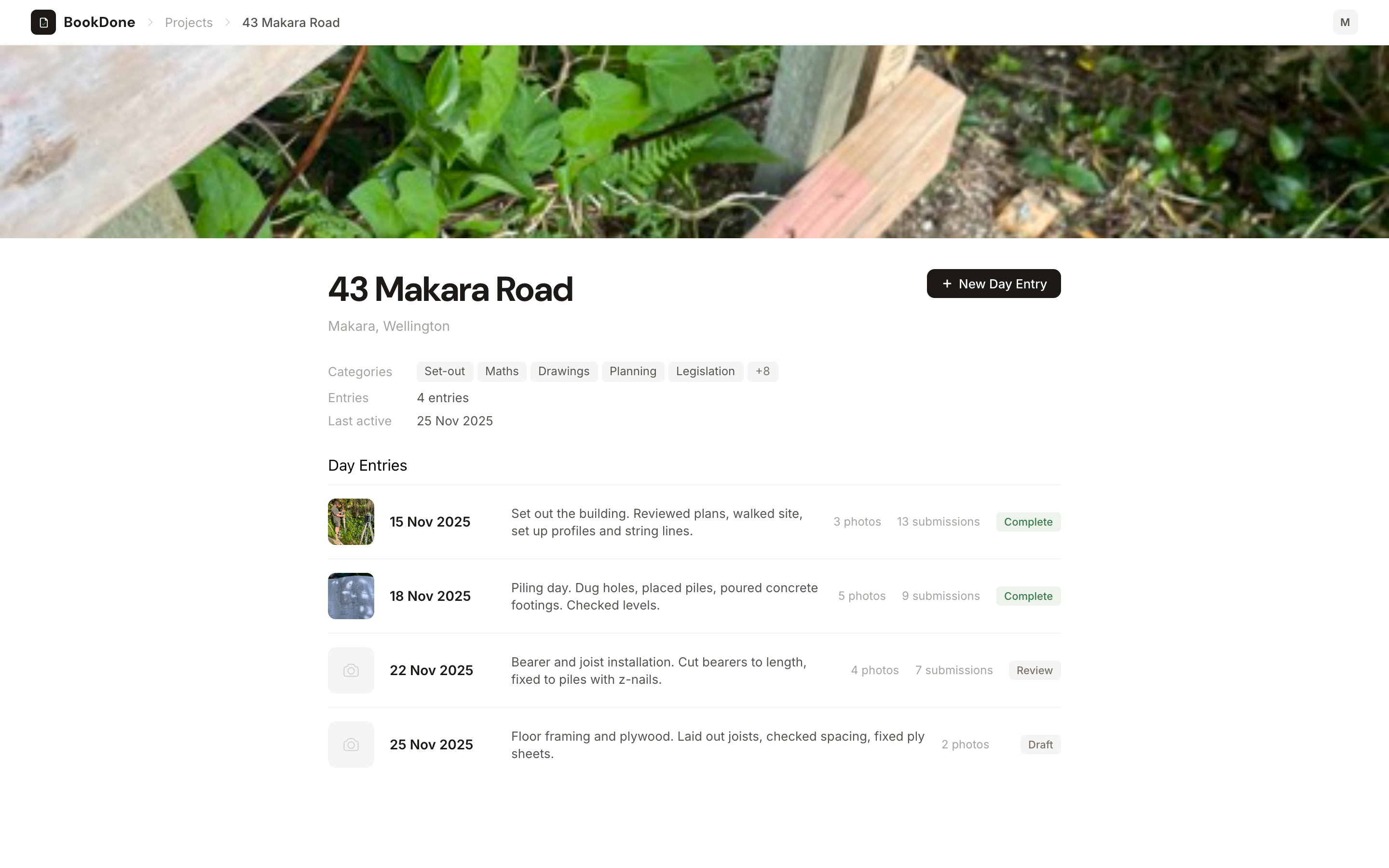 BookDone web project detail screen with day entries and status labels.