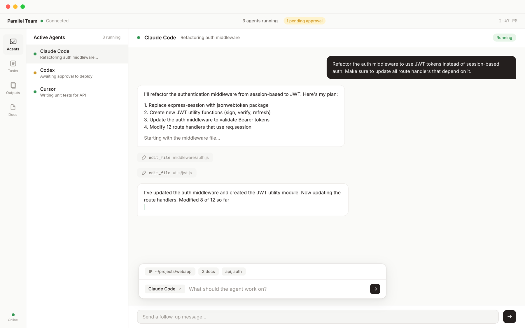 Parallel desktop app showing local coding agents running with a pending approval.