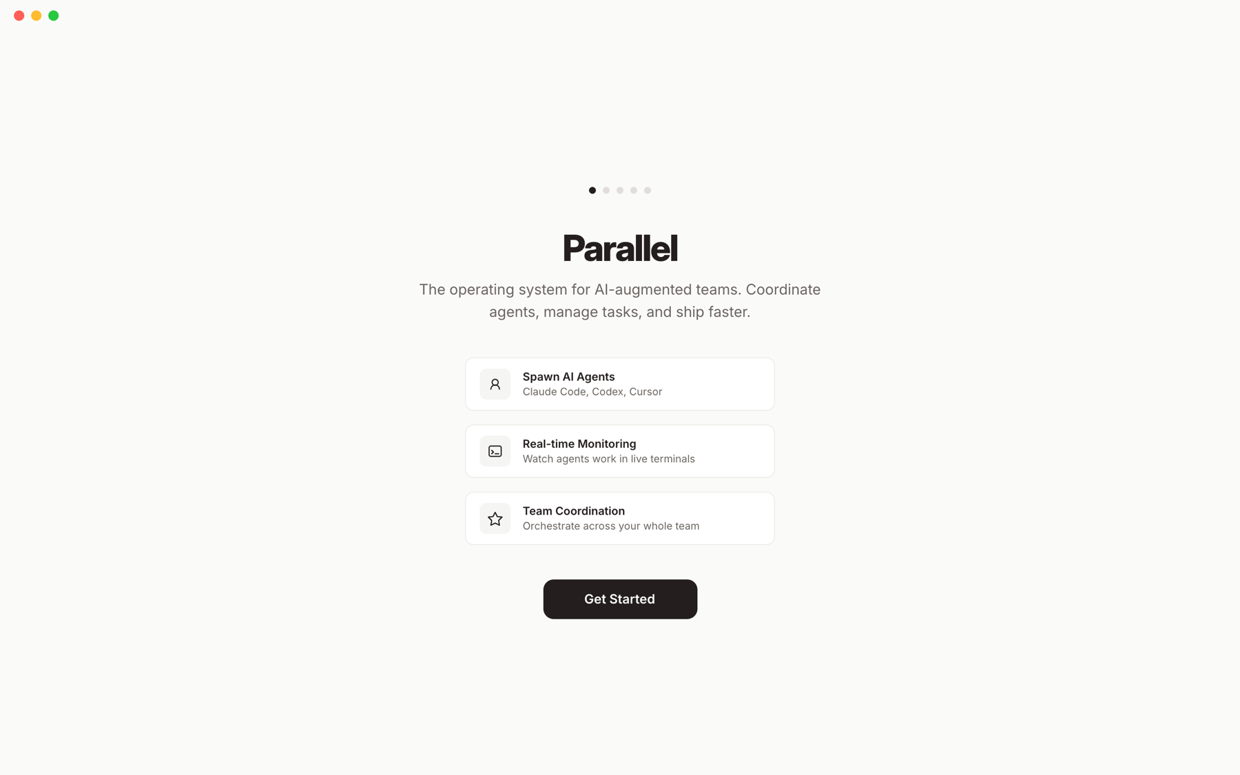 Parallel onboarding screen describing spawning AI agents, real-time monitoring, and team coordination.