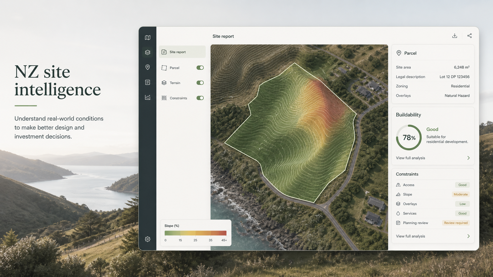 NZ site intelligence cover image showing parcel, terrain, constraints, and buildability scoring.