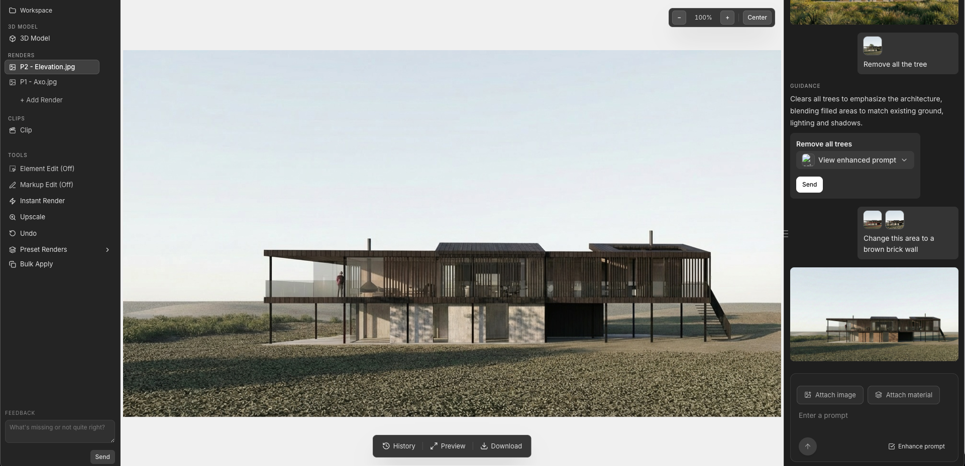 Vistafy render workspace showing an architectural elevation, edit tools, prompt guidance, and generated output.