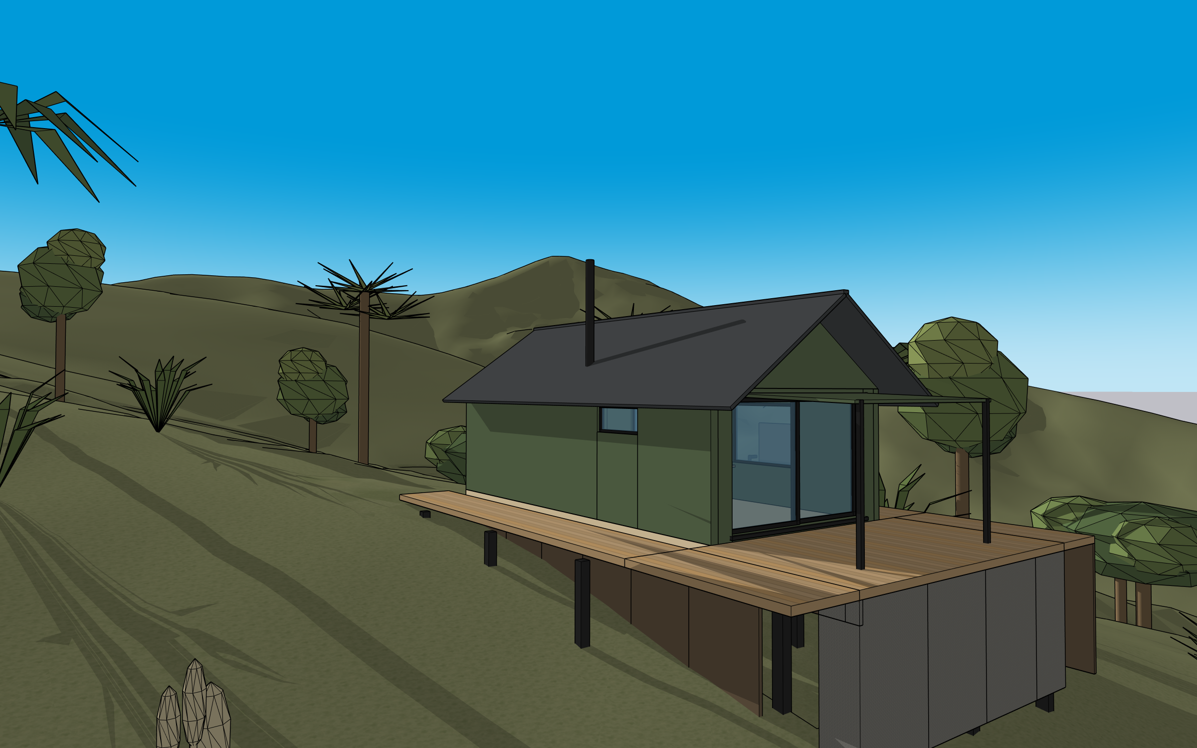 Developed SketchUp model of Scheme A with the deck and planting visible