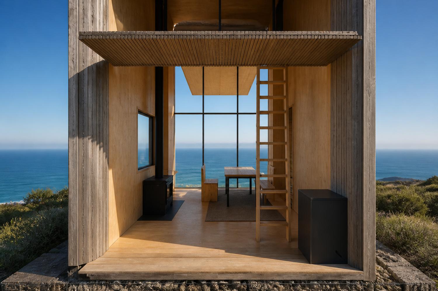 Inside the double height room looking to the Pacific