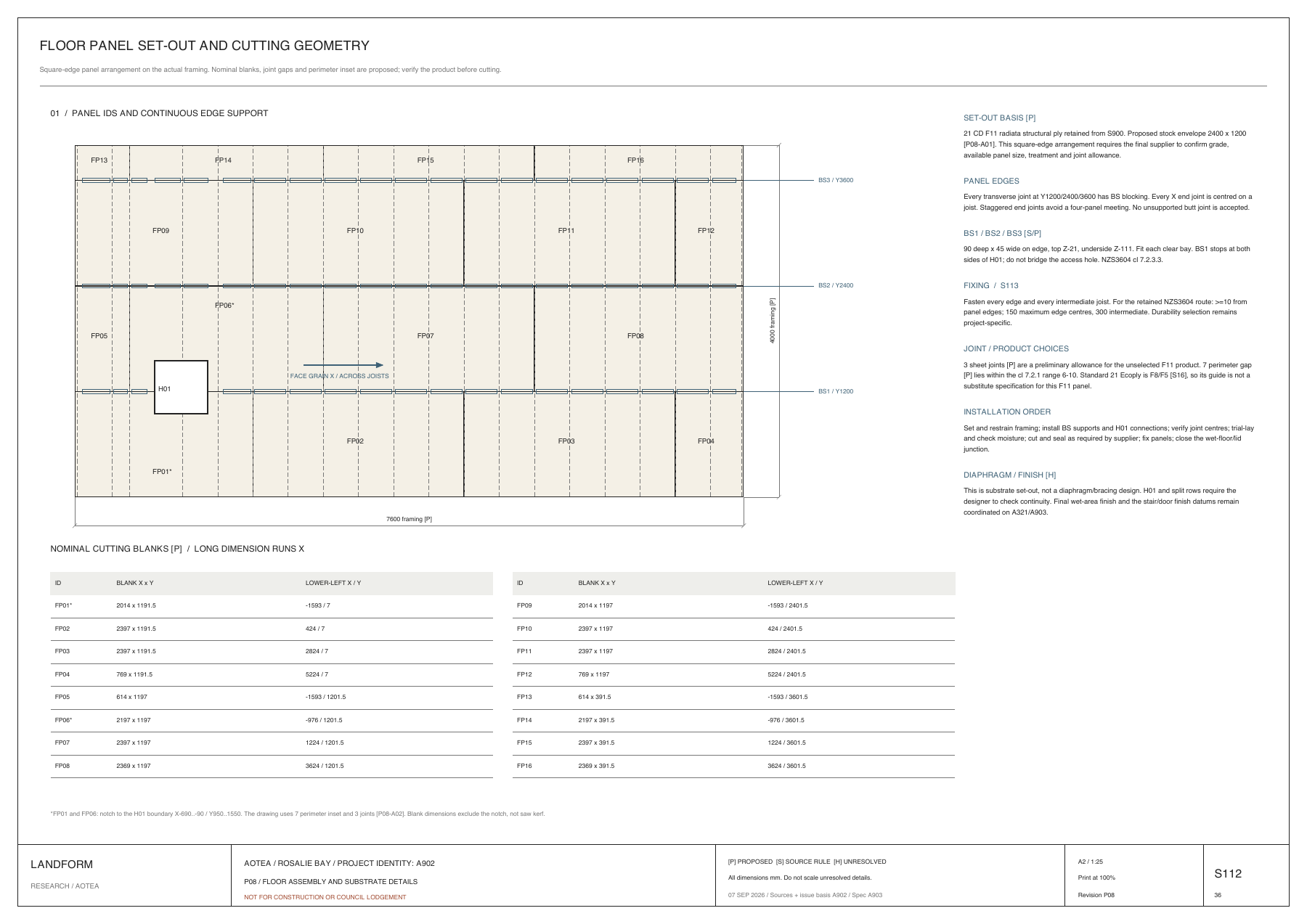 P08 S112: Floor panel layout and cutting geometry. Proposed drawing for review, not for construction.