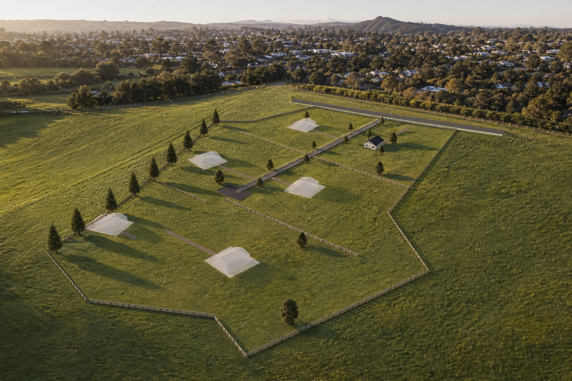 Aerial concept image of a six-title countryside living scheme at 136 Chamberlain Road, Massey