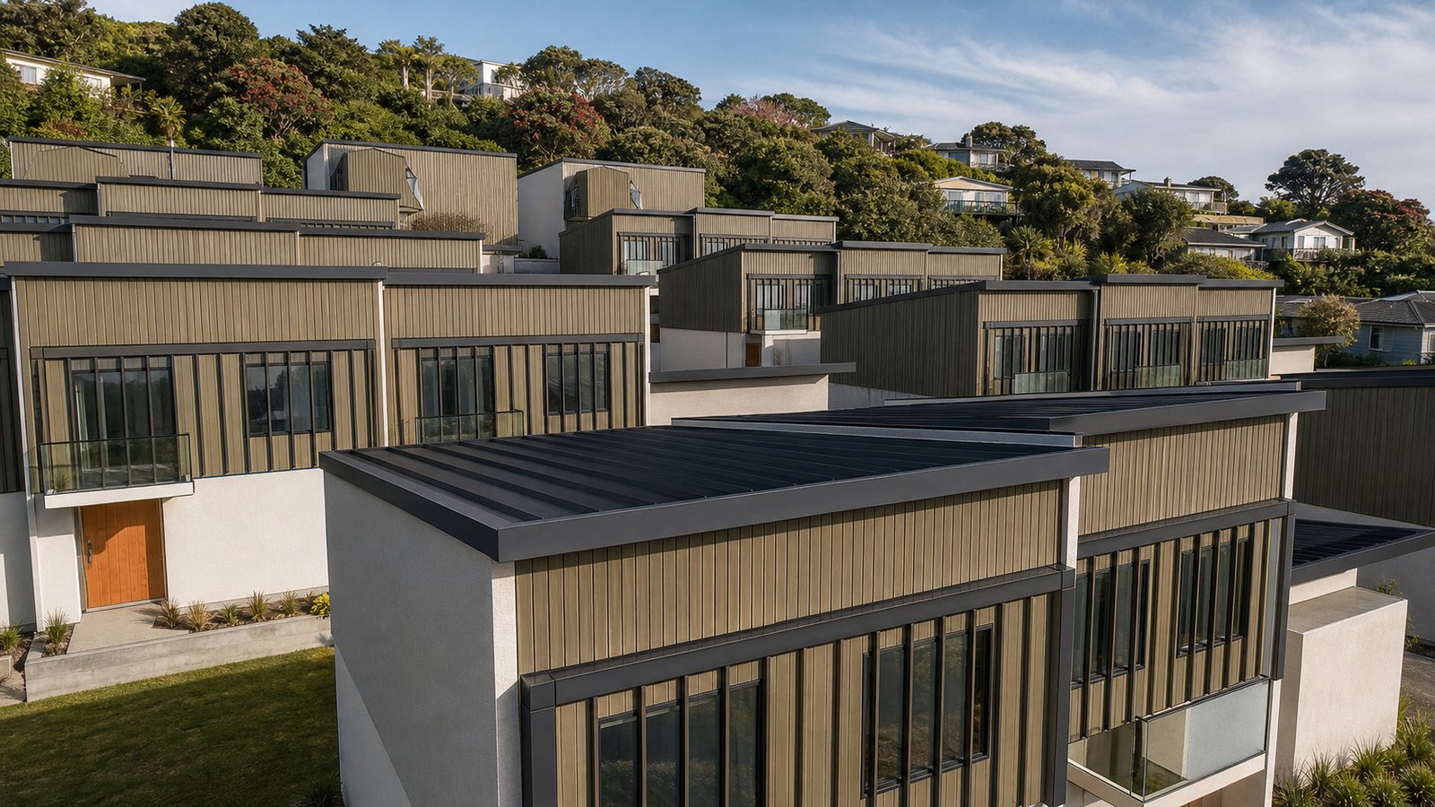 Close view of the batten-clad townhouses