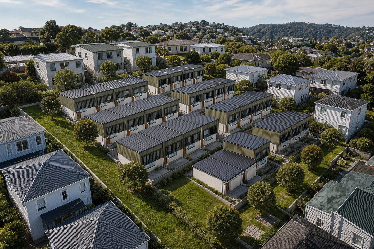 Aerial concept image of thirty cascade townhouses on the Paparangi site.