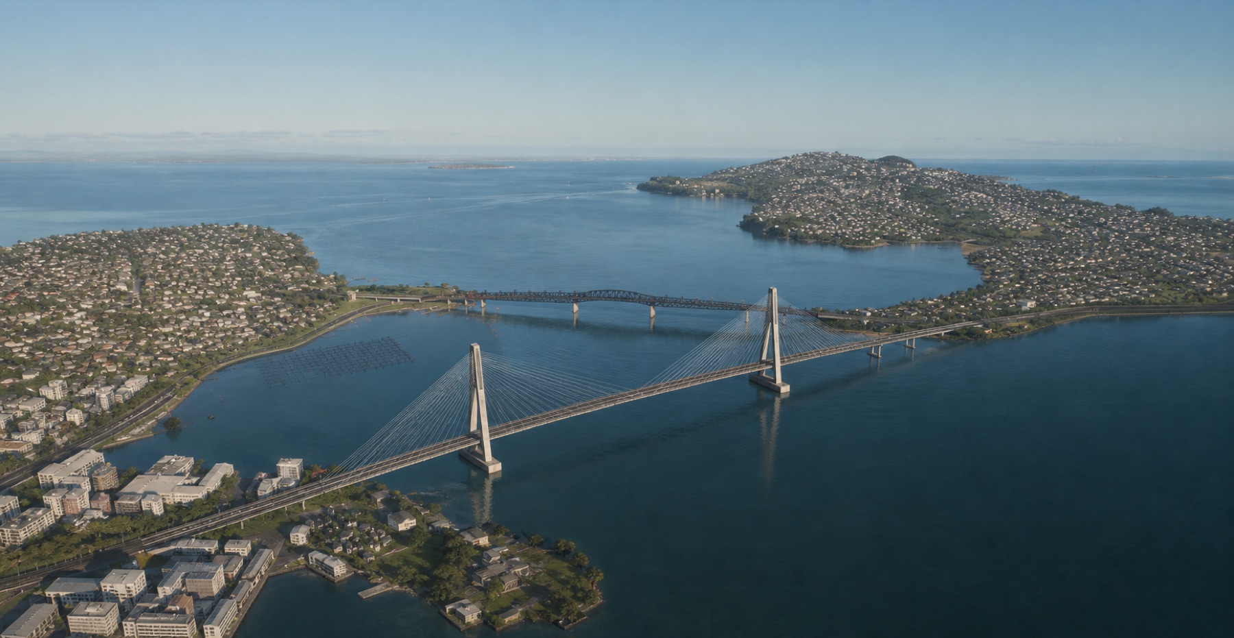 Illustrative view of the cable-stayed bridge option across the Waitemata Harbour.