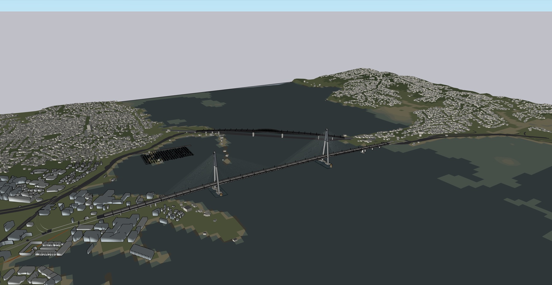 Option A cable-stayed crossing seen obliquely across the harbour, in the modelled Auckland context