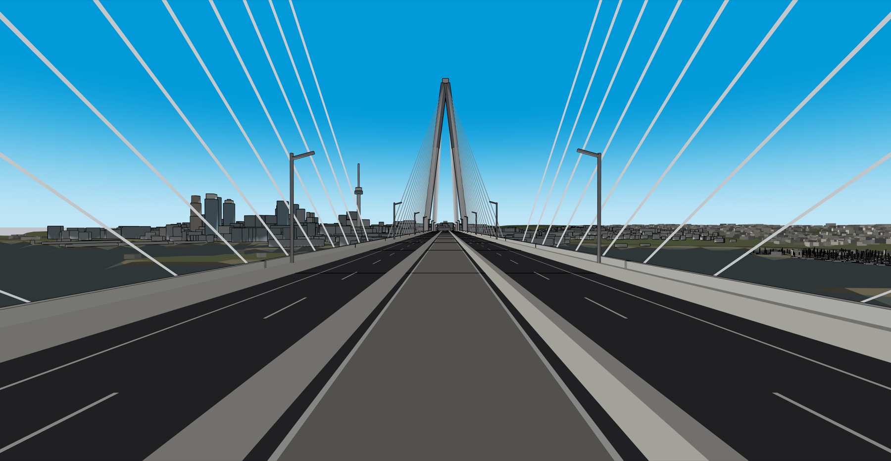 The 38 metre multimodal deck seen along its length towards the tower and the city