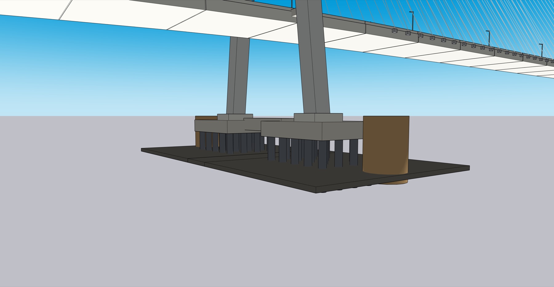 The north tower foundation below water, showing the pile caps, piles and vessel protection